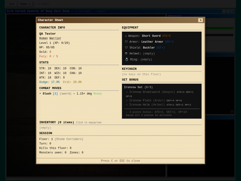 Character sheet showing equipment, stats and set bonuses